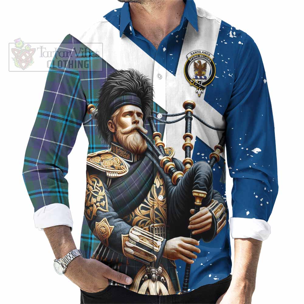 Tartan Vibes Clothing Sandilands Tartan Long Sleeve Button Shirt with Family Crest Scottish Bagpiper Vibes