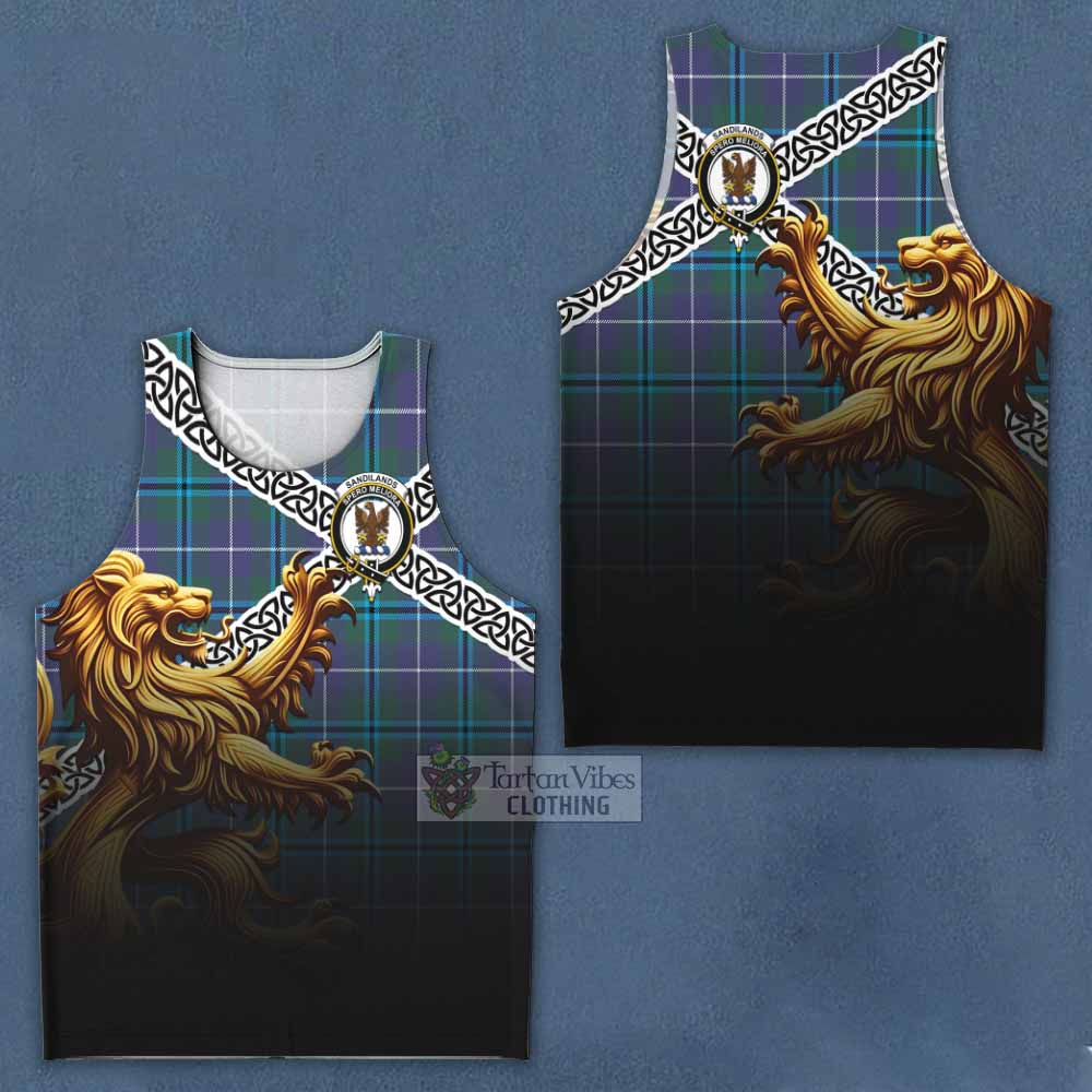 Tartan Vibes Clothing Sandilands Crest Tartan Men's Tank Top with Golden Lion Emblem Celtic Style
