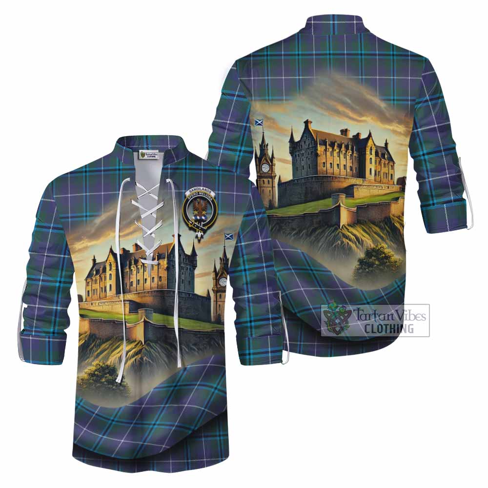 Tartan Vibes Clothing Sandilands Tartan Family Crest Ghillie Kilt Shirt with Scottish Ancient Castle Style