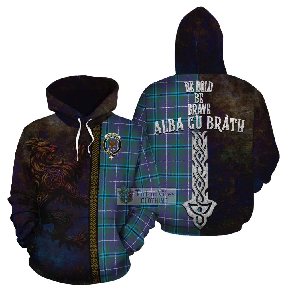 Tartan Vibes Clothing Sandilands Tartan Family Crest Cotton Hoodie Alba Gu Brath Be Brave Lion Ancient Style