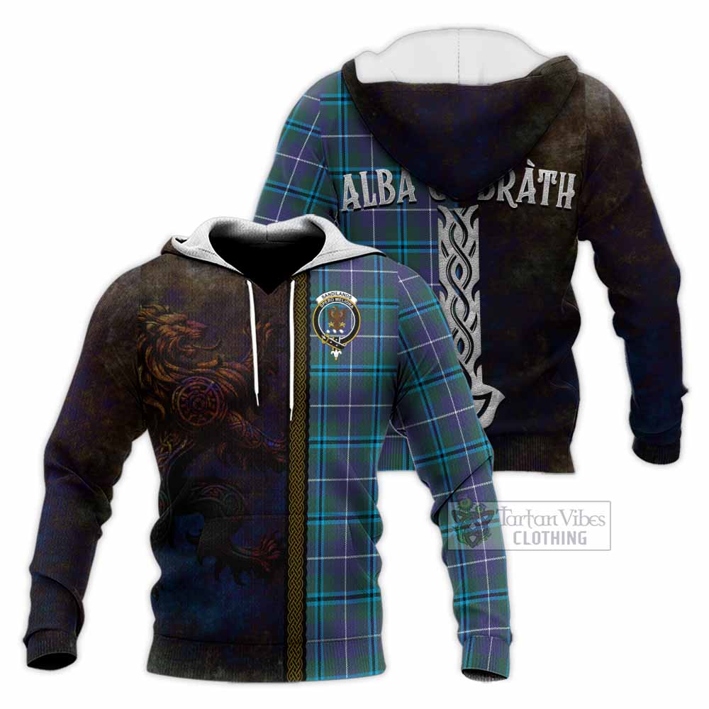 Tartan Vibes Clothing Sandilands Tartan Family Crest Knitted Hoodie Alba Gu Brath Be Brave Lion Ancient Style