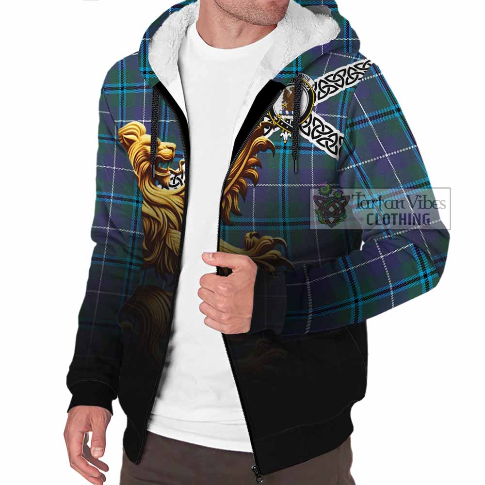 Tartan Vibes Clothing Sandilands Crest Tartan Sherpa Hoodie with Golden Lion Emblem Celtic Style
