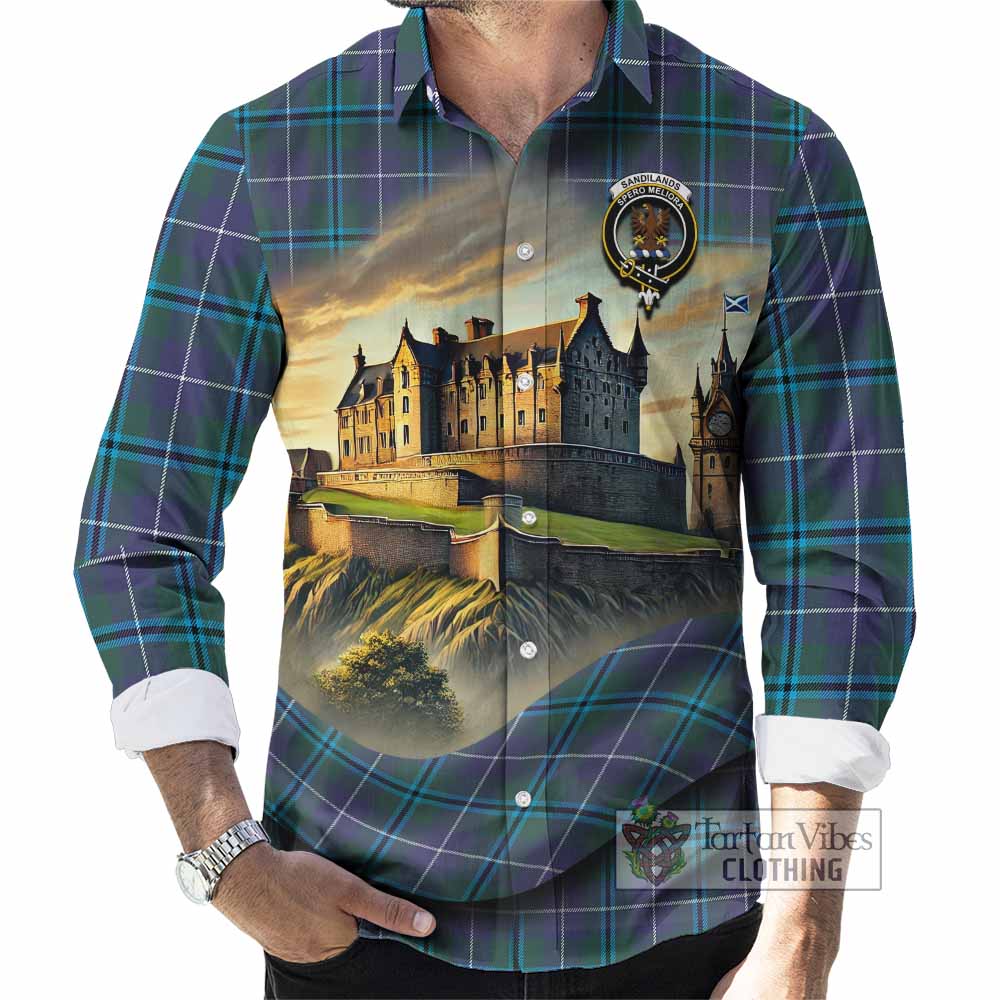 Tartan Vibes Clothing Sandilands Tartan Family Crest Long Sleeve Button Shirt with Scottish Ancient Castle Style