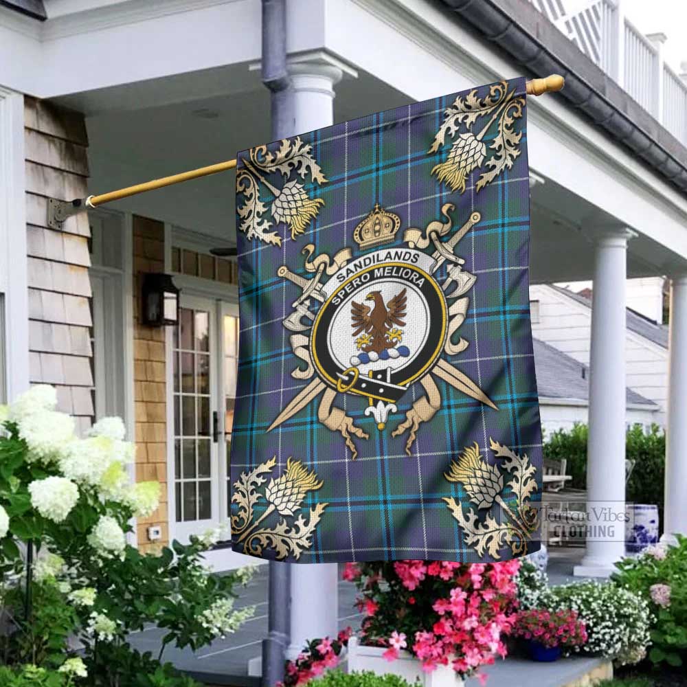 Tartan Vibes Clothing Sandilands Tartan Flag with Family Crest and Golden Thistle Crossed Sword Design