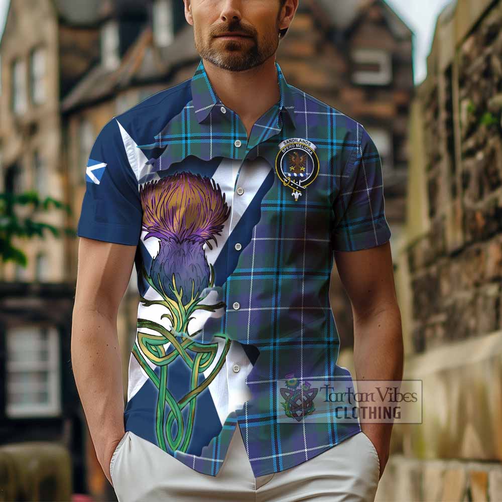 Tartan Vibes Clothing Sandilands Tartan Family Crest Short Sleeve Button Shirt Scottish Thistle Celtic Inspired