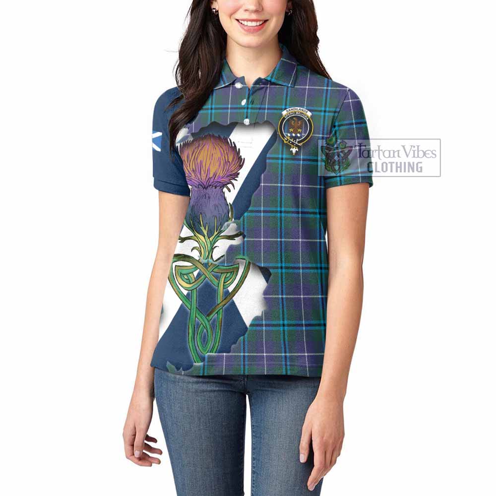 Tartan Vibes Clothing Sandilands Tartan Family Crest Women's Polo Shirt Scottish Thistle Celtic Inspired
