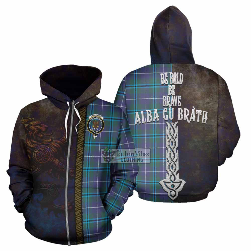 Tartan Vibes Clothing Sandilands Tartan Family Crest Hoodie Alba Gu Brath Be Brave Lion Ancient Style