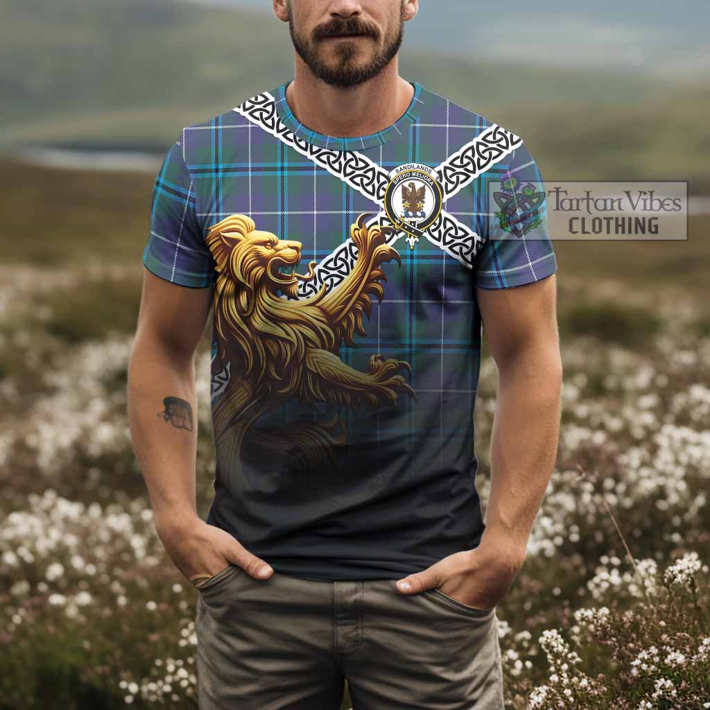 Tartan Vibes Clothing Sandilands Crest Tartan T-Shirt with Golden Lion Emblem Celtic Style