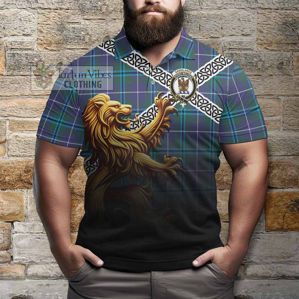 Tartan Vibes Clothing Sandilands Crest Tartan Polo Shirt with Golden Lion Emblem Celtic Style