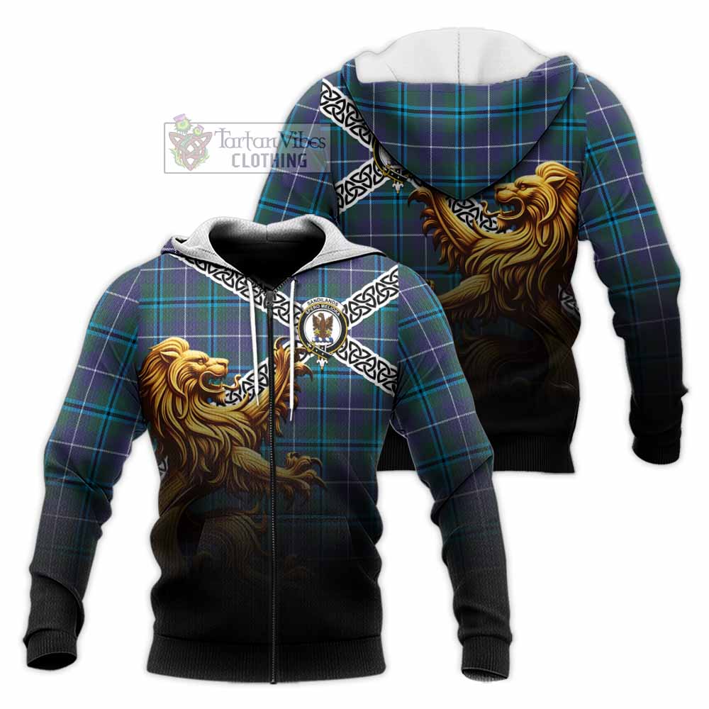 Tartan Vibes Clothing Sandilands Crest Tartan Knitted Hoodie with Golden Lion Emblem Celtic Style