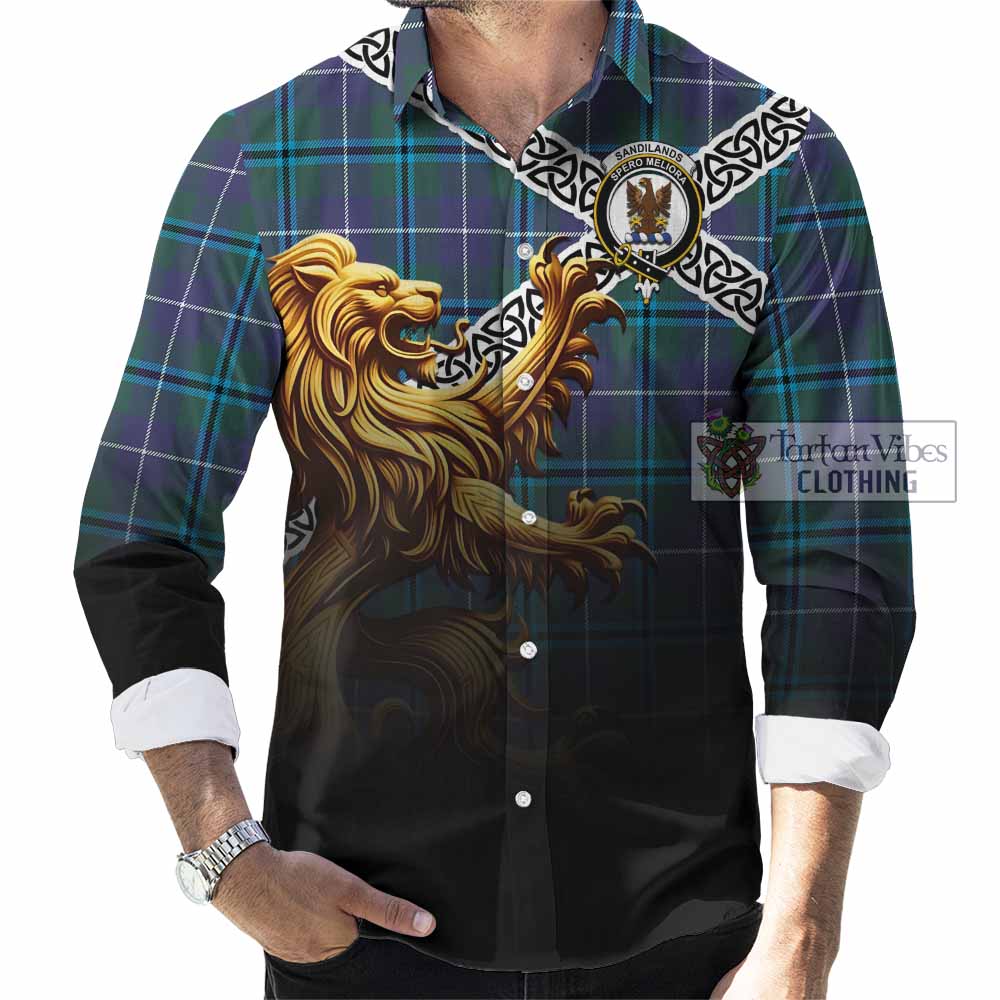 Tartan Vibes Clothing Sandilands Crest Tartan Long Sleeve Button Shirt with Golden Lion Emblem Celtic Style