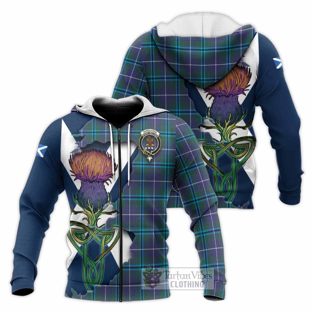 Tartan Vibes Clothing Sandilands Tartan Family Crest Knitted Hoodie Scottish Thistle Celtic Inspired