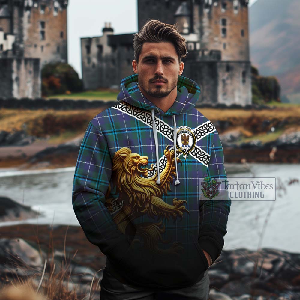 Tartan Vibes Clothing Sandilands Crest Tartan Cotton Hoodie with Golden Lion Emblem Celtic Style