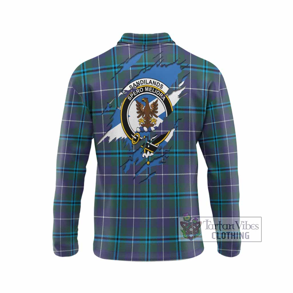 Sandilands Clan Crest In Me Tartan Long Sleeve Polo Shirt Scotland Flag Style