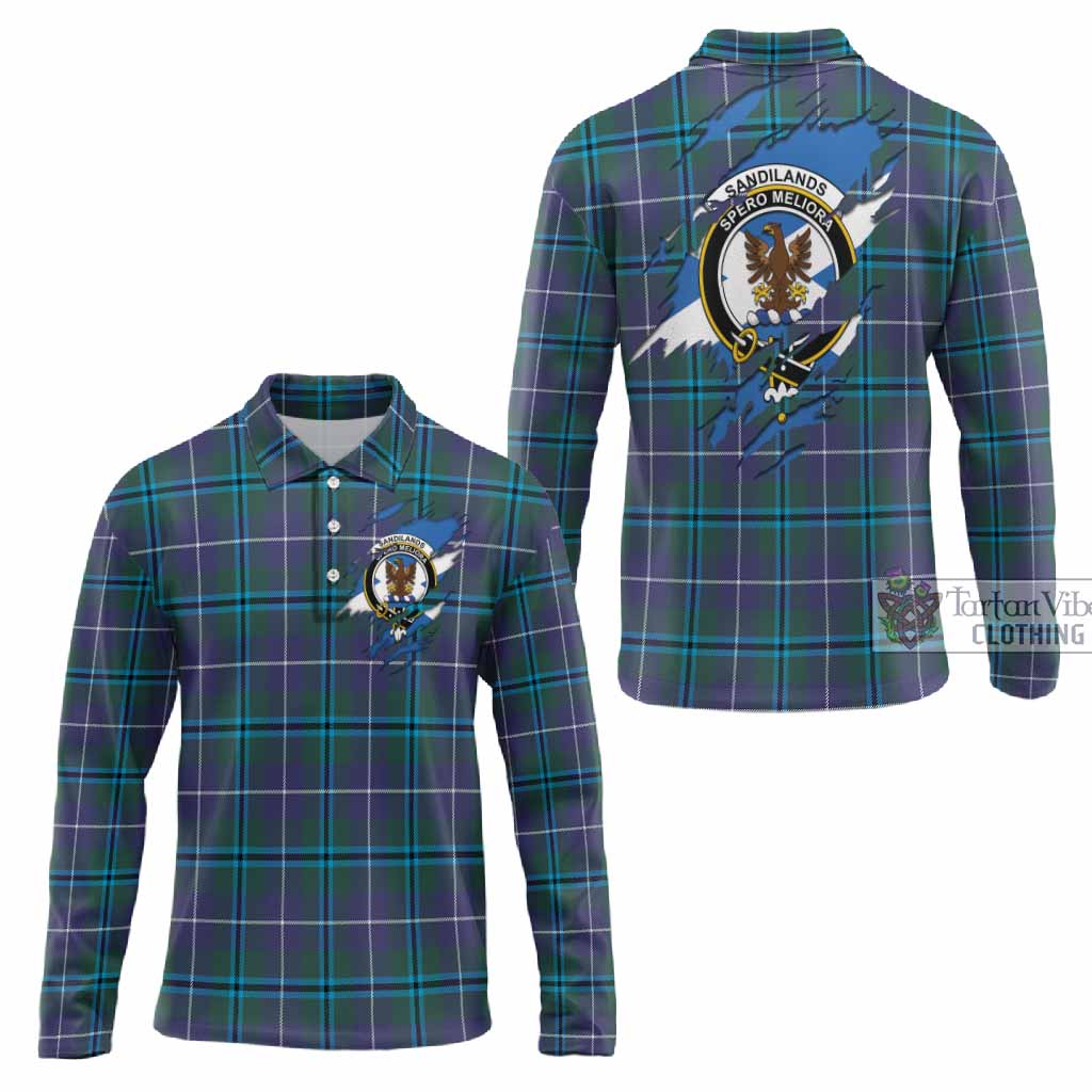 Sandilands Clan Crest In Me Tartan Long Sleeve Polo Shirt Scotland Flag Style