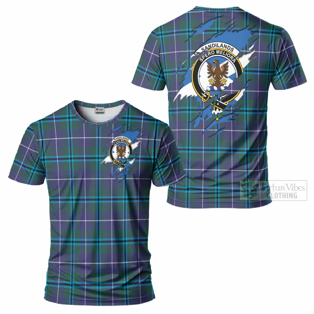 Sandilands Clan Crest In Me Tartan T-Shirt Scotland Flag Style