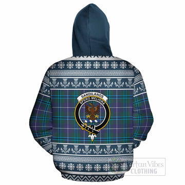 Sandilands Clan Tartan Christmas Cotton Hoodie with Family Crest