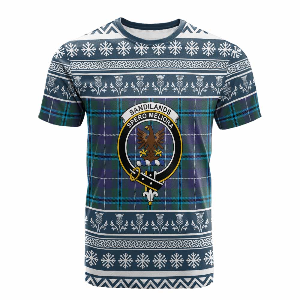 Sandilands Clan Tartan Christmas Cotton T-shirt with Family Crest - Tartan Vibes Clothing