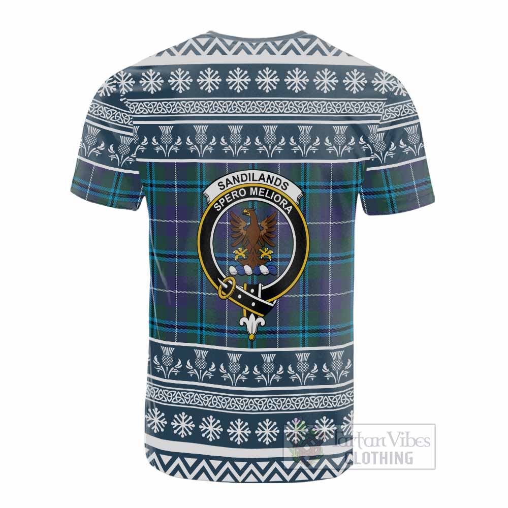 Sandilands Clan Tartan Christmas Cotton T-shirt with Family Crest - Tartan Vibes Clothing