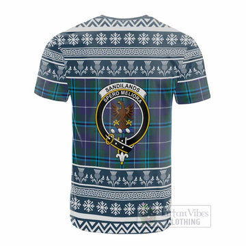 Sandilands Clan Tartan Christmas Cotton T-shirt with Family Crest