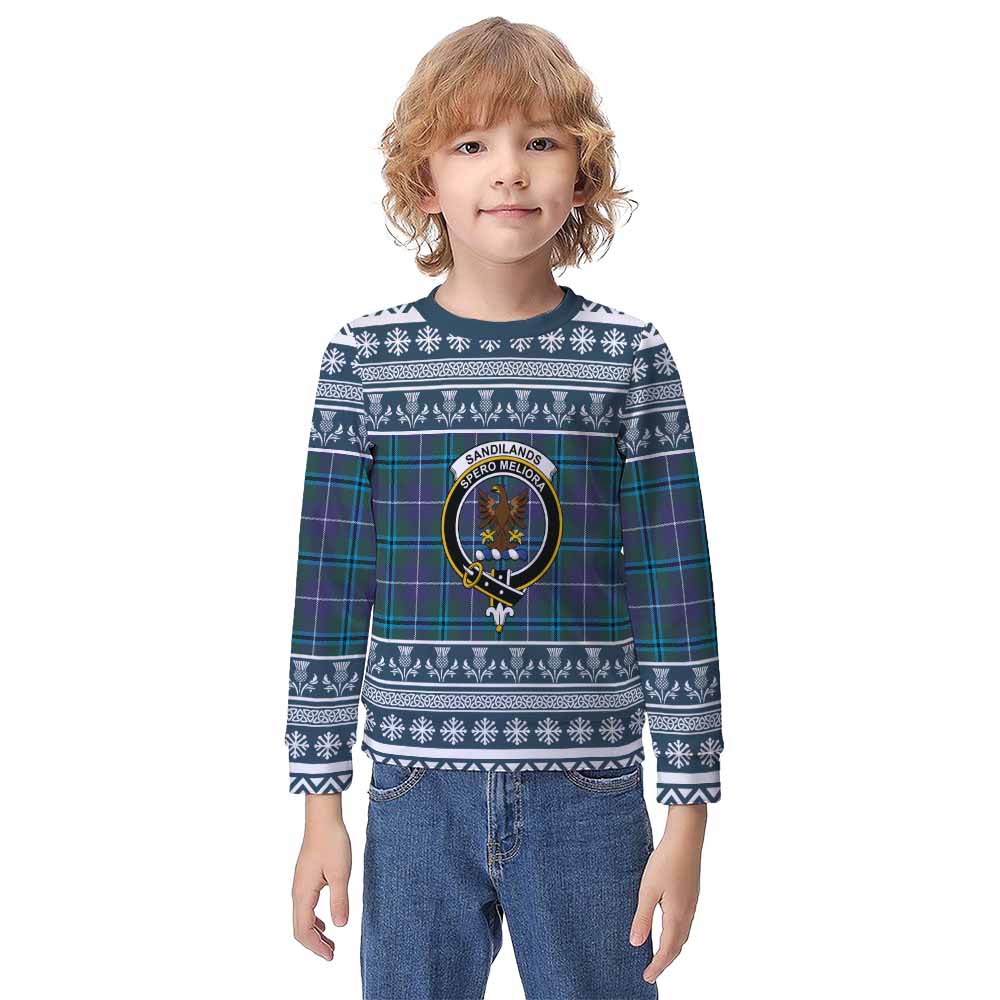 Sandilands Clan Tartan Christmas Kid Ugly Sweatshirt with Family Crest - Tartan Vibes Clothing