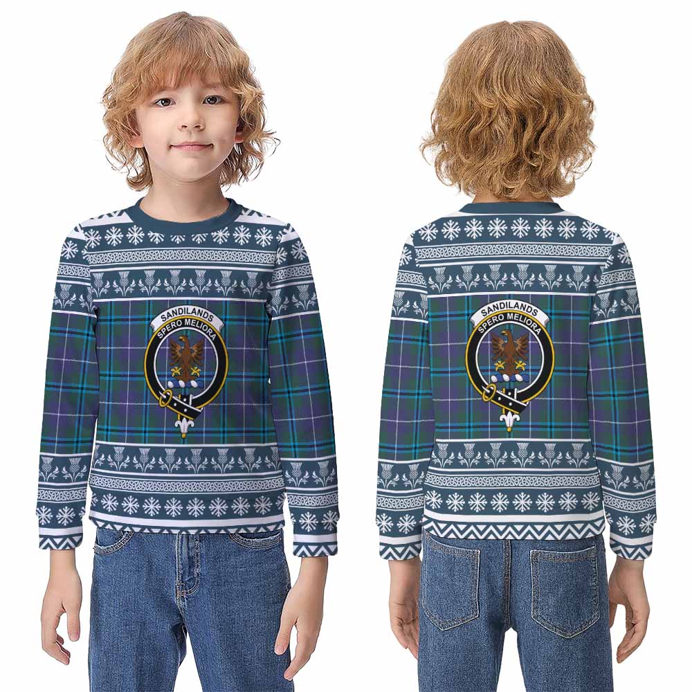 Sandilands Clan Tartan Christmas Kid Ugly Sweatshirt with Family Crest - Tartan Vibes Clothing