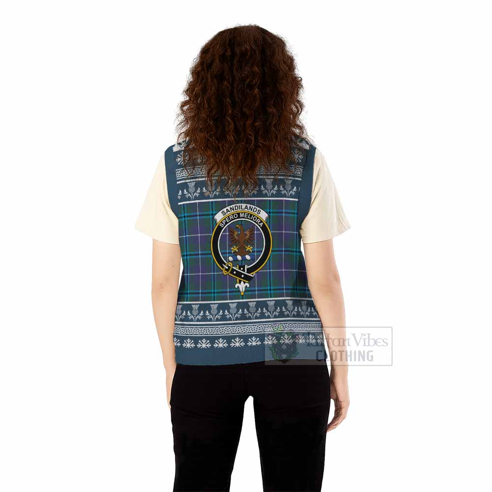 Sandilands Clan Tartan Christmas Knitted V-Neck Vest with Family Crest - Tartan Vibes Clothing