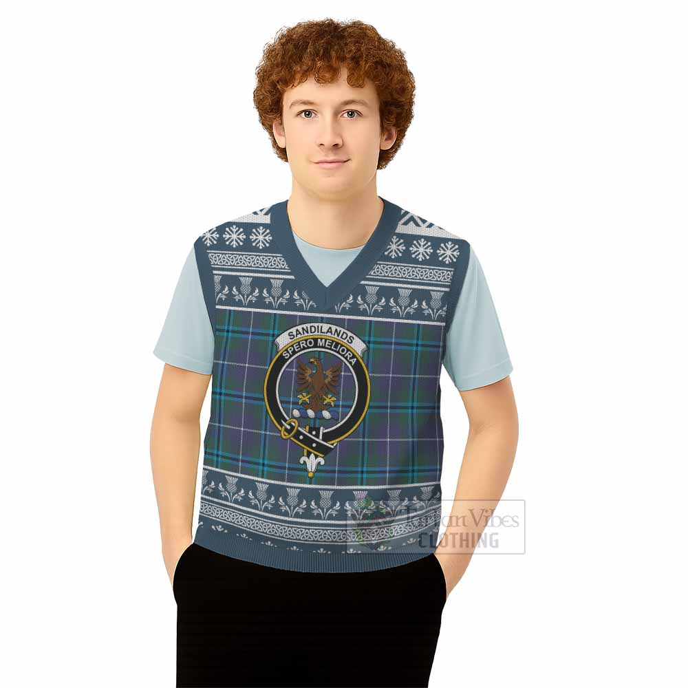 Sandilands Clan Tartan Christmas Knitted V-Neck Vest with Family Crest - Tartan Vibes Clothing