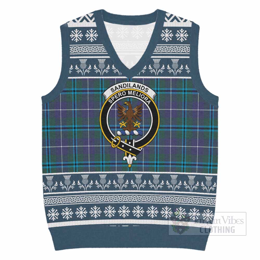 Sandilands Clan Tartan Christmas Knitted V-Neck Vest with Family Crest - Tartan Vibes Clothing