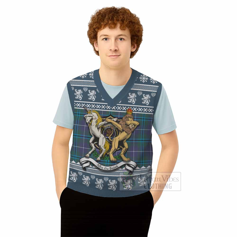 Sandilands Clan Tartan Crest Christmas Knitted V-Neck Vest Coat of Arms Funny Style - Tartan Vibes Clothing