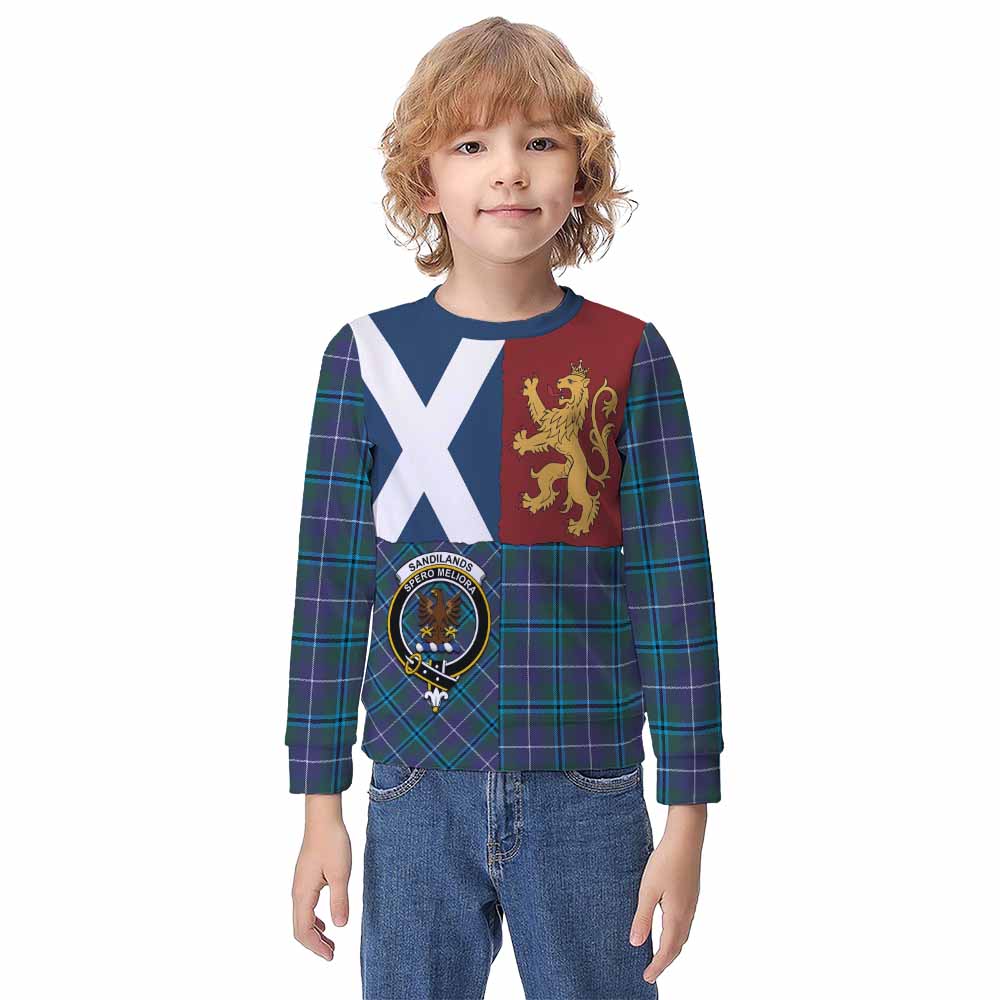 Sandilands Crest Tartan Kid Knitted Sweatshirt with Lion Rampant Saltire Style - Tartan Vibes Clothing