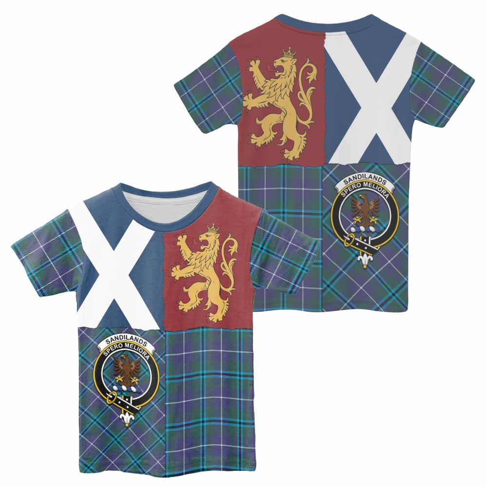 Sandilands Crest Tartan Kid T-shirt with Lion Rampant Saltire Style - Tartan Vibes Clothing