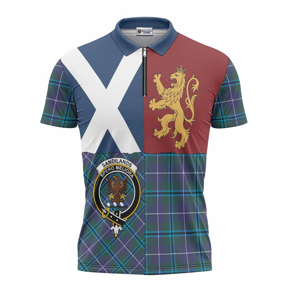 Sandilands Crest Tartan Zipper Polo Shirt with Lion Rampant Saltire Style