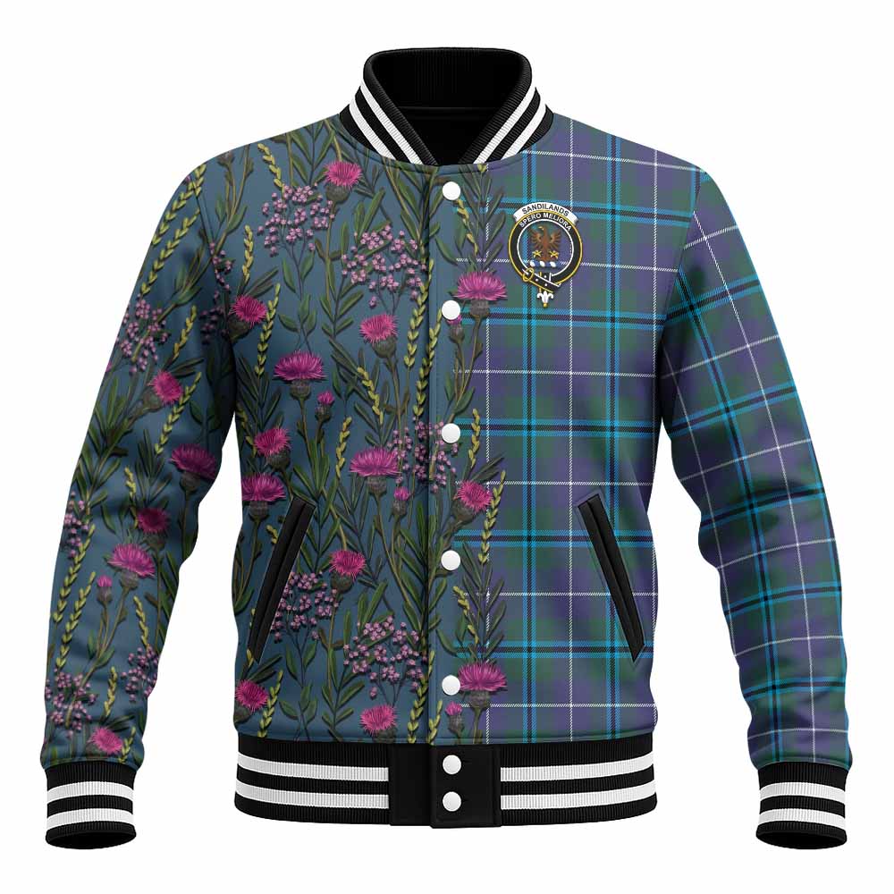 Sandilands Family Crest Tartan Baseball Jacket Scottish Thistle Flower Pattern Half Style - Tartan Vibes Clothing