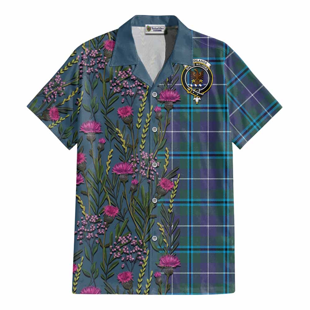 Sandilands Family Crest Tartan Cotton Hawaiian Shirt Scottish Thistle Flower Pattern Half Style - Tartan Vibes Clothing