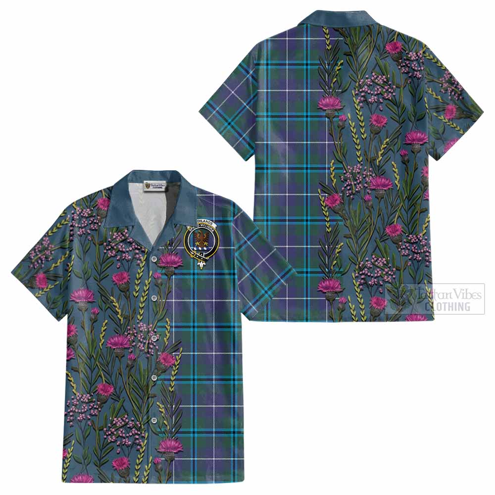 Sandilands Family Crest Tartan Cotton Hawaiian Shirt Scottish Thistle Flower Pattern Half Style - Tartan Vibes Clothing