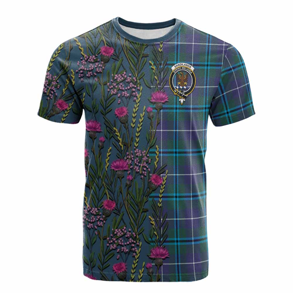 Sandilands Family Crest Tartan Cotton T-shirt Scottish Thistle Flower Pattern Half Style - Tartan Vibes Clothing