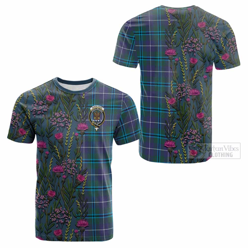 Sandilands Family Crest Tartan Cotton T-shirt Scottish Thistle Flower Pattern Half Style - Tartan Vibes Clothing