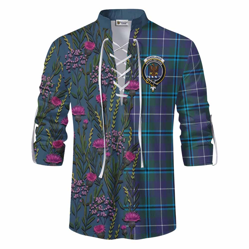 Sandilands Family Crest Tartan Ghillie Shirt Scottish Thistle Flower Pattern Half Style - Tartan Vibes Clothing