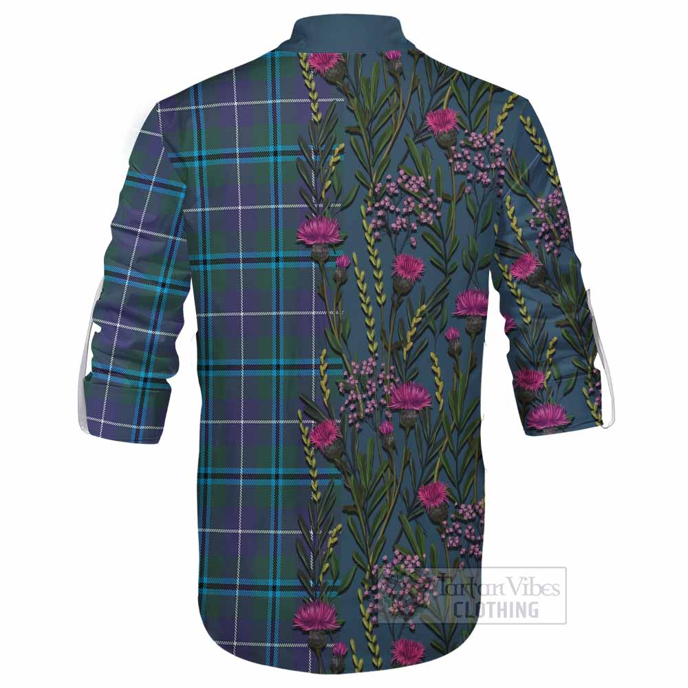 Sandilands Family Crest Tartan Ghillie Shirt Scottish Thistle Flower Pattern Half Style - Tartan Vibes Clothing