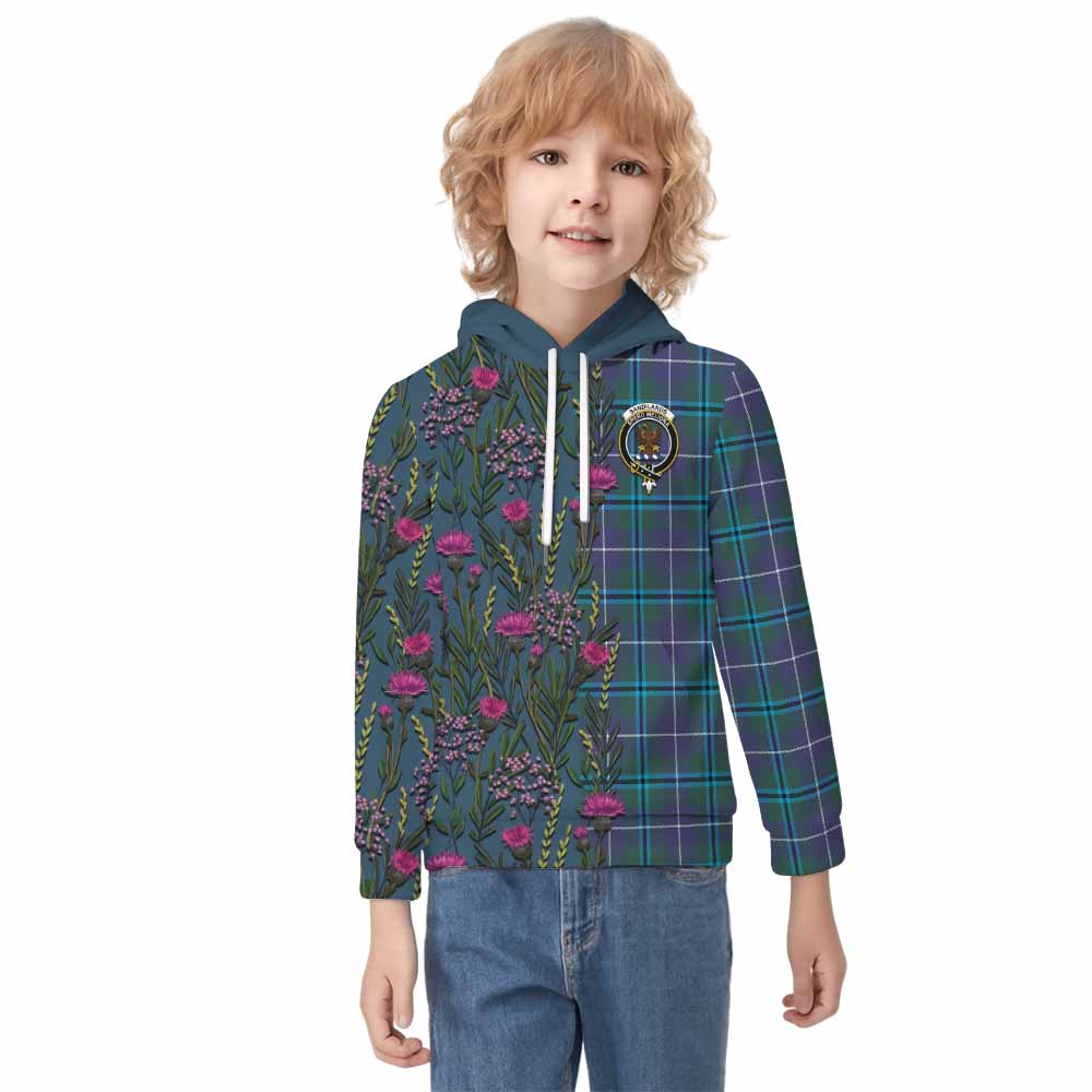 Sandilands Family Crest Tartan Kid Hoodie Scottish Thistle Flower Pattern Half Style - Tartan Vibes Clothing