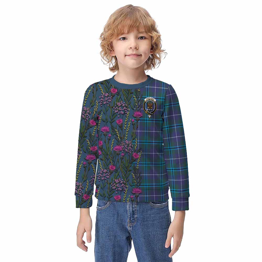 Sandilands Family Crest Tartan Kid Knitted Sweatshirt Scottish Thistle Flower Pattern Half Style - Tartan Vibes Clothing