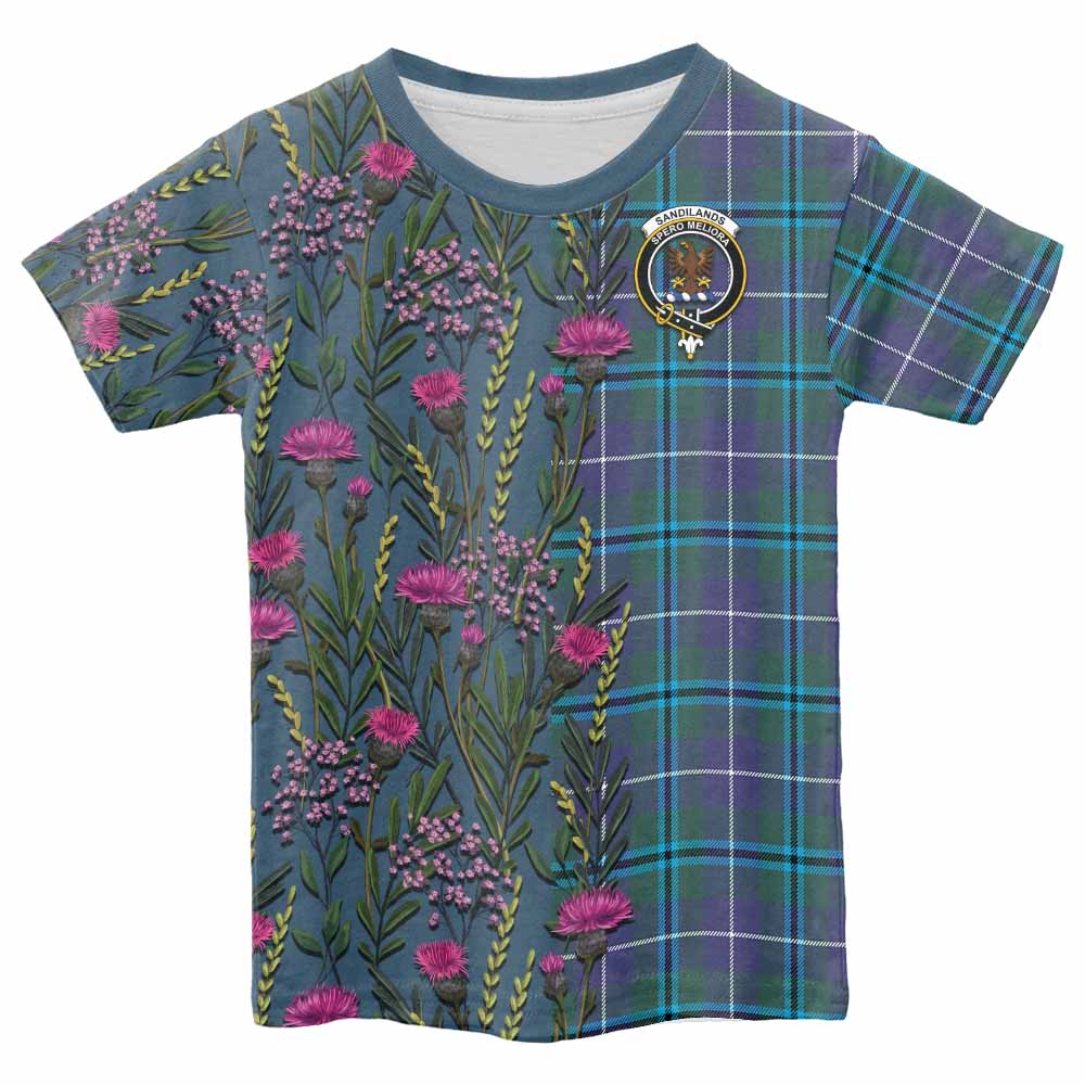 Sandilands Family Crest Tartan Kid T-shirt Scottish Thistle Flower Pattern Half Style - Tartan Vibes Clothing