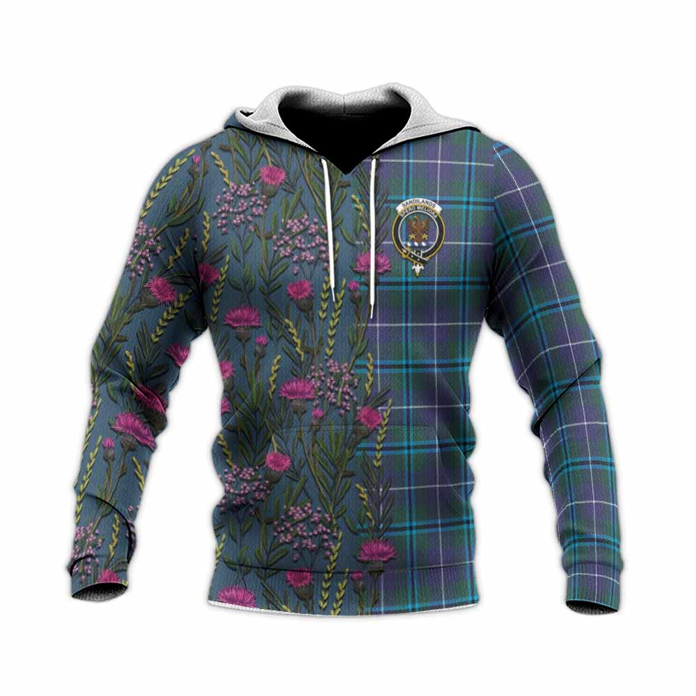 Sandilands Family Crest Tartan Knitted Hoodie Scottish Thistle Flower Pattern Half Style - Tartan Vibes Clothing