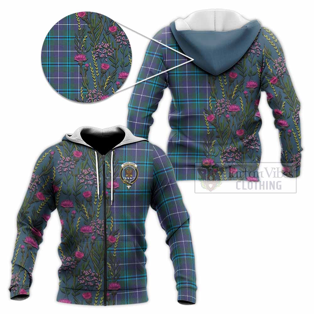 Sandilands Family Crest Tartan Knitted Hoodie Scottish Thistle Flower Pattern Half Style - Tartan Vibes Clothing