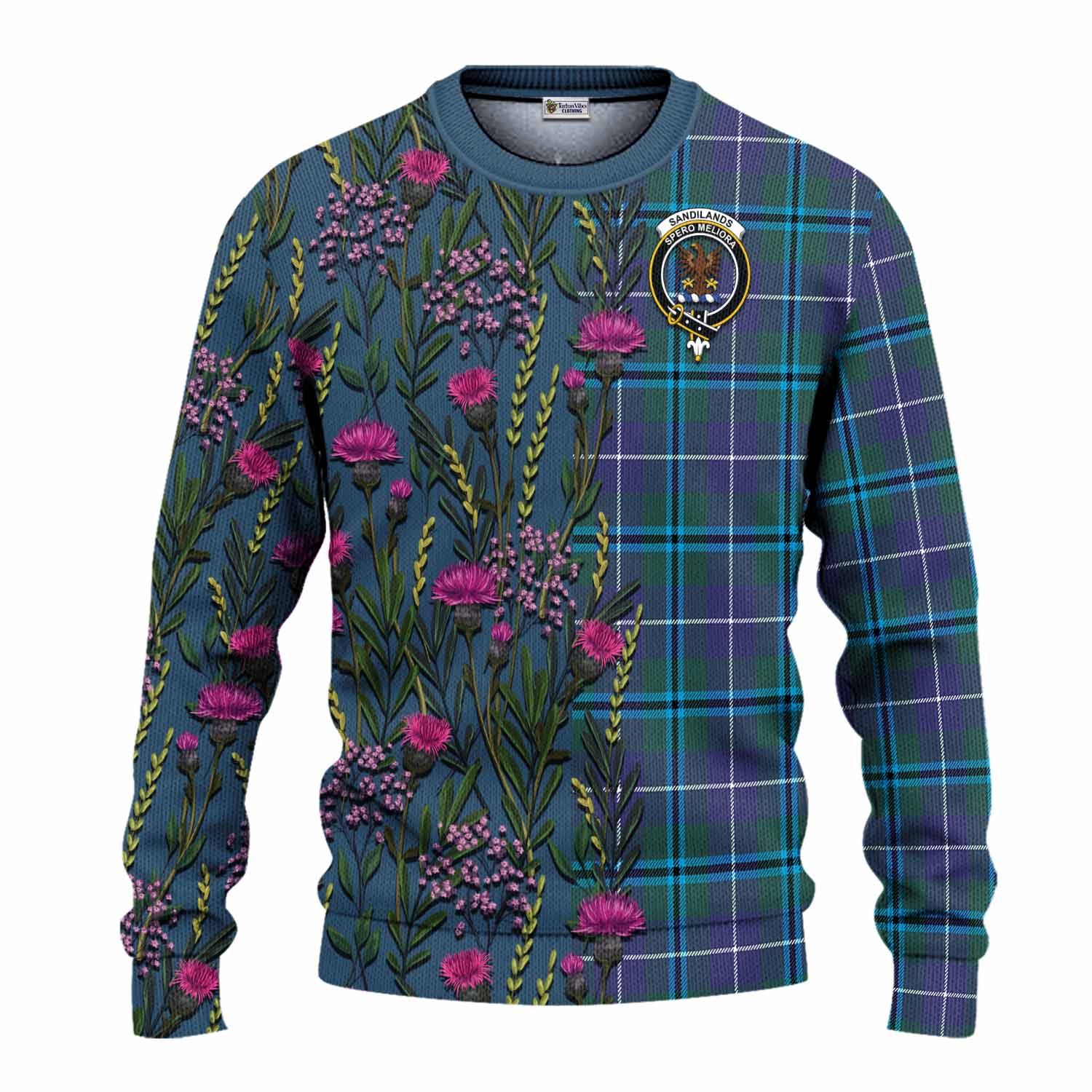 Sandilands Family Crest Tartan Knitted Sweater Scottish Thistle Flower Pattern Half Style - Tartan Vibes Clothing