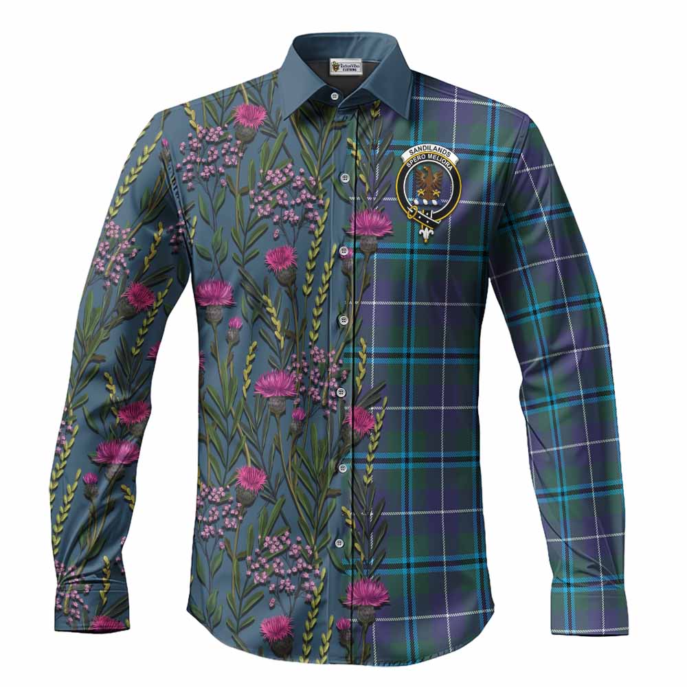 Sandilands Family Crest Tartan Long Sleeve Button Shirts Scottish Thistle Flower Pattern Half Style - Tartan Vibes Clothing