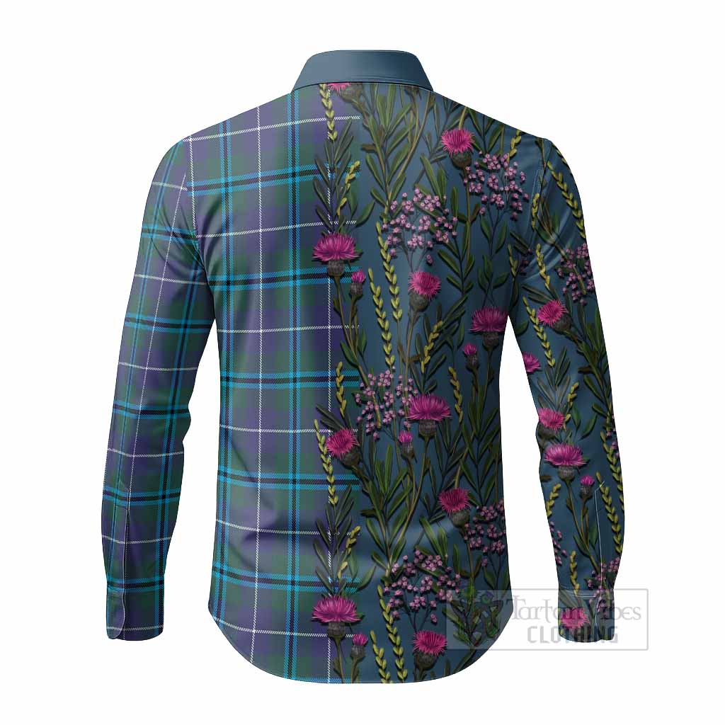 Sandilands Family Crest Tartan Long Sleeve Button Shirts Scottish Thistle Flower Pattern Half Style - Tartan Vibes Clothing