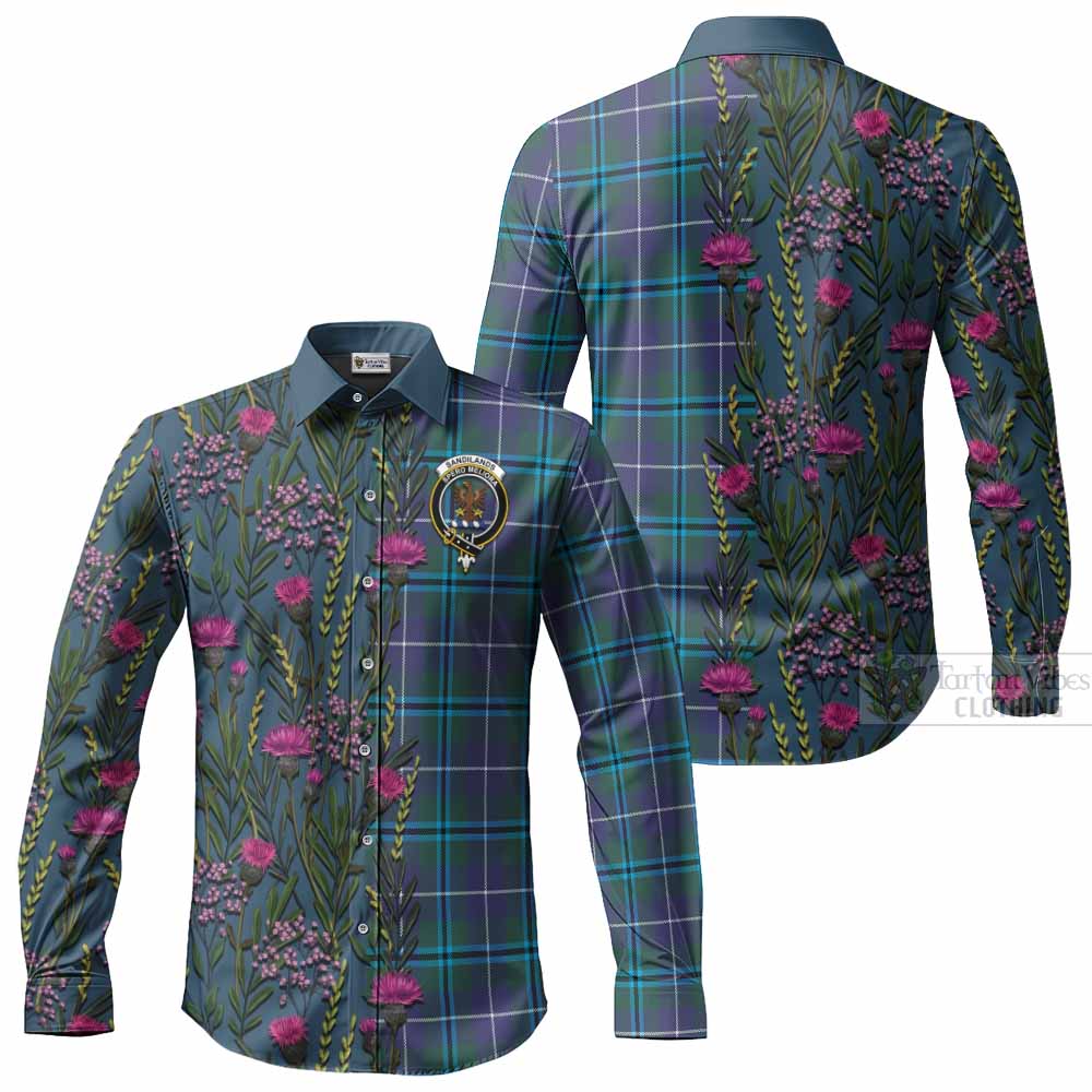 Sandilands Family Crest Tartan Long Sleeve Button Shirts Scottish Thistle Flower Pattern Half Style - Tartan Vibes Clothing
