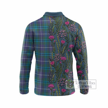 Sandilands Family Crest Tartan Long Sleeve Polo Shirt Scottish Thistle Flower Pattern Half Style